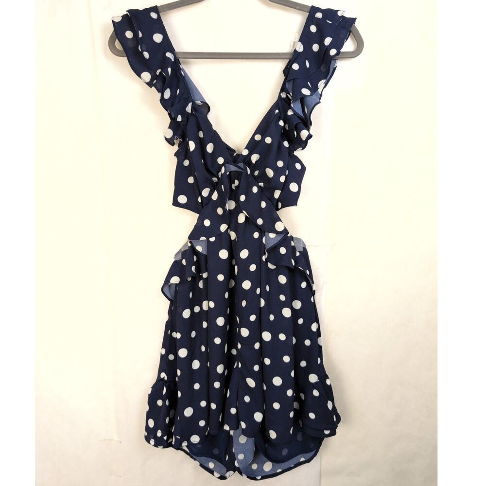 By Together navy blue polka dot ruffled tie back romper Size Sm Retro Dainty